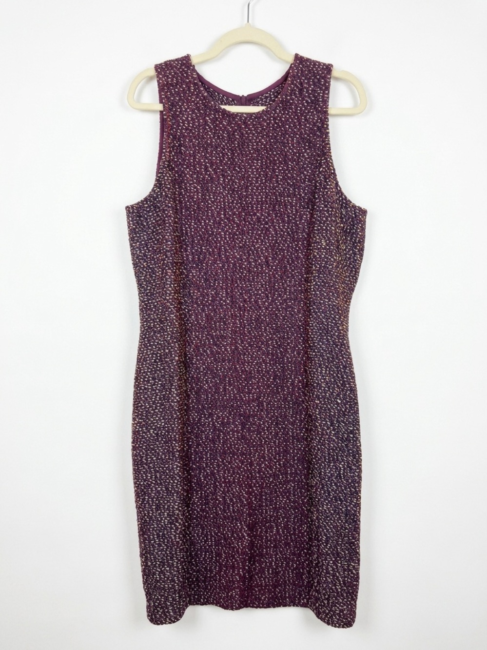 ST. JOHN purple tweed knit tailored scoop neck sleeveless luxurious shift dress